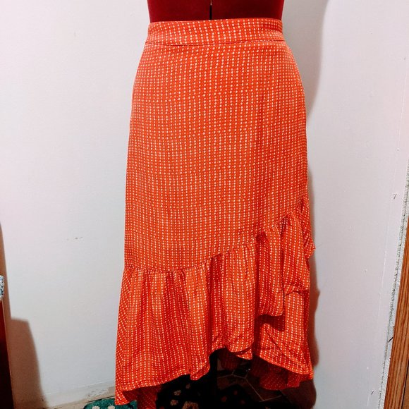 GAP Red and White A-Line Midi Skirt with Ruffled High-Low Hem - Picture 1 of 8